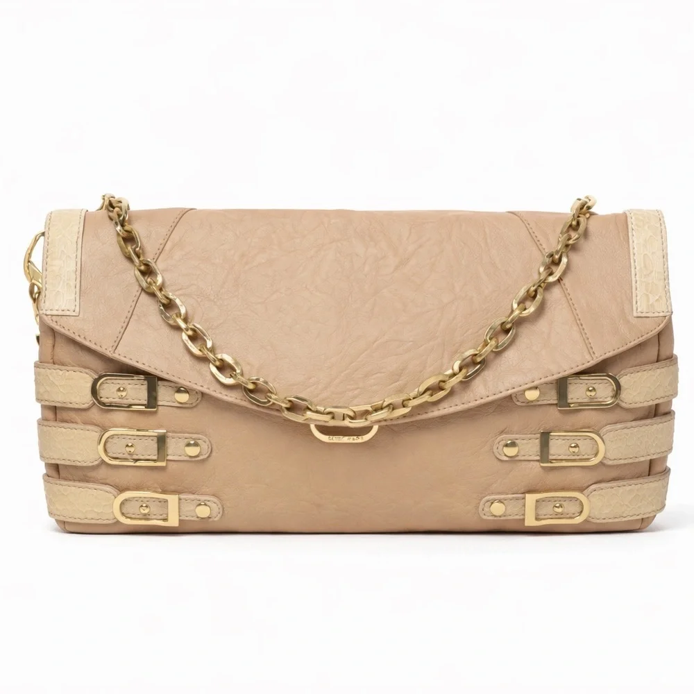 Jimmy Choo Tan Embossed Leather Shoulder Bag Gold Chain clutch - Picture 6 of 15